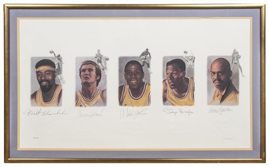 Los Angeles Lakers Legends Signed and Framed to 45x25" Lithograph with Wilt Chamberlain, Jerry West, Magic Johnson, Elgin Baylor, and Kareem Abdul-Jabbar (Beckett)